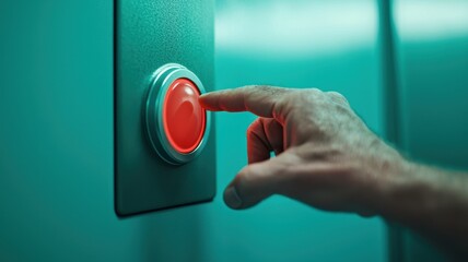 Immediate Security Concept. A hand is about to press a large red button on a metallic panel, set against a cool turquoise background.