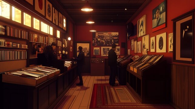 A retro-style record store with customers browsing the shelves.