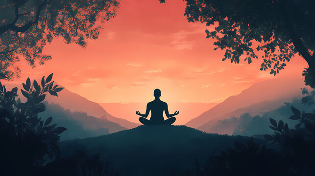 Individual meditating against a serene backdrop, embodying tranquility and peace. Serene. Illustration