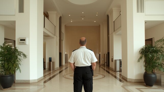 Immediate Security Concept. A security guard stands in a spacious, well-lit lobby, overseeing the entrance with plants enhancing the modern interior design.
