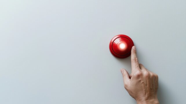 Immediate Security Concept. A hand pressing a red button on a gray surface, suggesting a call to action or triggering mechanism.