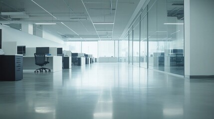 A spacious, empty modern office interior featuring glass walls, clean white walls, and a polished concrete floor, AI Generative