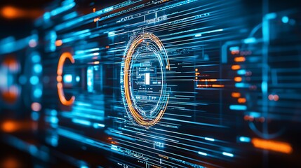 Obraz premium Futuristic Digital Interface with Blue and Orange Circuit Elements for Technology Backgrounds : Generative AI