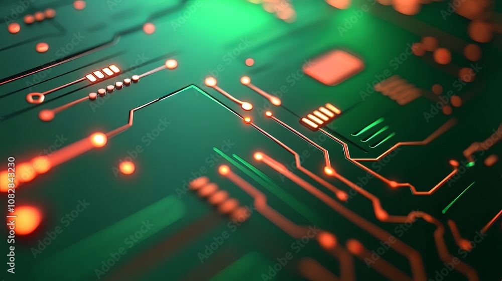 Poster close-up of a circuit board with glowing orange and green lines, emphasizing the intricate details a