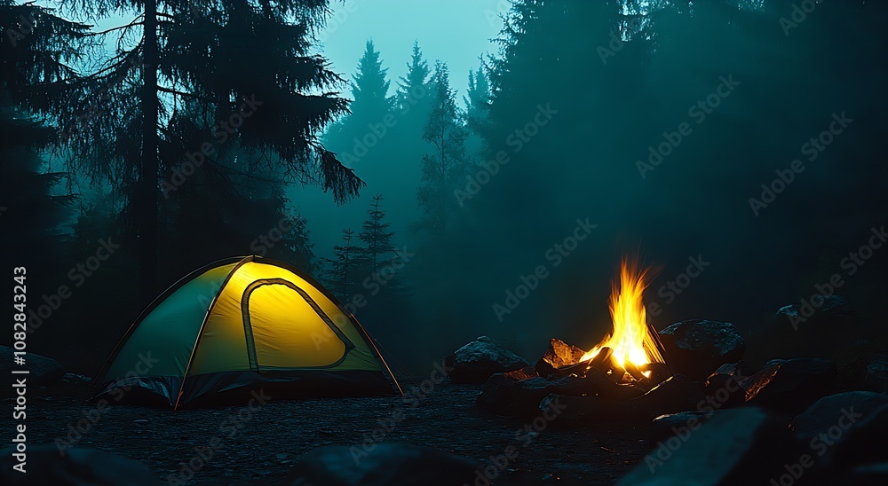 Poster serene forest camping scene with illuminated tent a warming bonfire and tall pine trees at dusk : ge