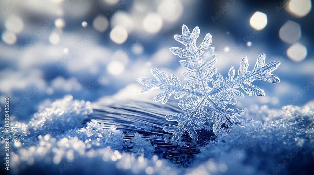 Poster close-up of a detailed snowflake on sparkling winter snow background : generative ai