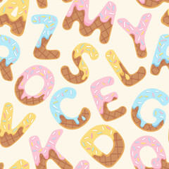 Childish wafer cream alphabet vector pattern ABC letter in style of ice cream Cartoon alphabet seamless design for printing on childish textiles kids birthday party nursery poster card packaging paper