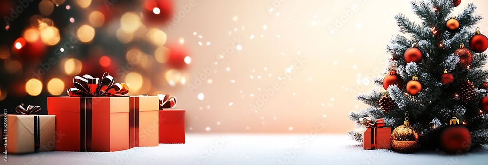 Poster christmas tree and vibrant gift boxes in a festive winter setting with sparkling lights : generative