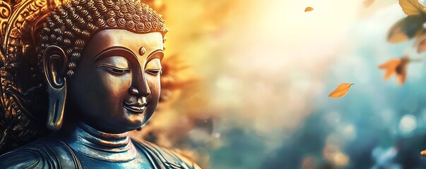 Elegant Buddha Statue Surrounded by Gentle Autumn Leaves and Morning Light : Generative AI