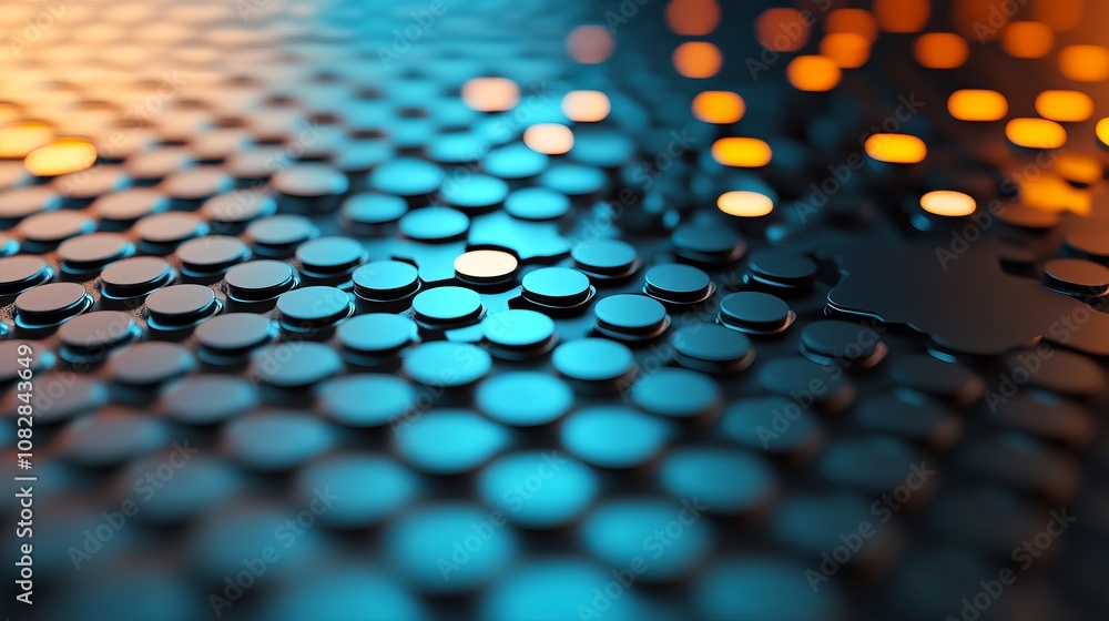 Poster abstract background of a pattern of round shapes with a blue and orange glow.
