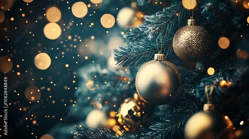 Aufkleber shimmering gold baubles on a vibrant christmas tree with soft bokeh lights : generative ai