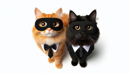 Fototapeta premium Two cats in suits and masks, symbolizing mystery, teamwork, humor, business, and intrigue.