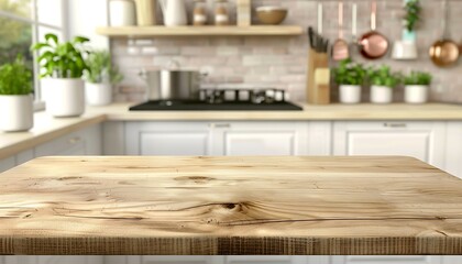 Empty wooden table for product placement in front of blurred kitchen interior background