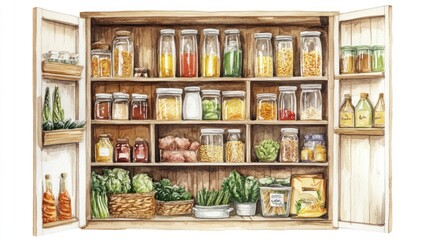 Obraz premium A Watercolor Painting of a Well-Stocked Pantry