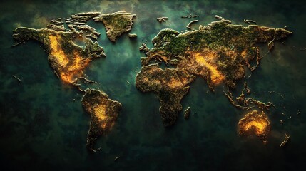 Obraz premium Digital map of the world with hot zones representing climate change impact on different regions.