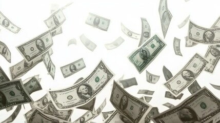 A large number of dollar bills floating in the air against a white background, AI Generative