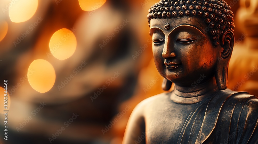 Poster Serene Buddha Statue With Warm Glowing Bokeh Background Symbolizing Peace And Meditation : Generative AI