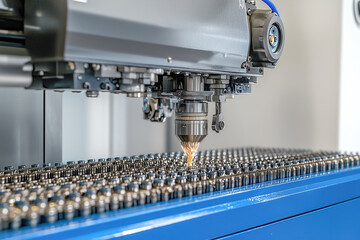 Injection molding machine producing plastic parts, with molten plastic being injected into molds