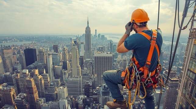 A construction worker hangs from a skyscraper in New York City, taking a break to admire the view.