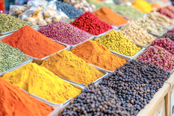 International food market with colorful stalls selling exotic spices, fruits, and vegetables from around the world