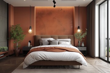 Loft bedroom in pale orange tones. for Advertising. for Banners.