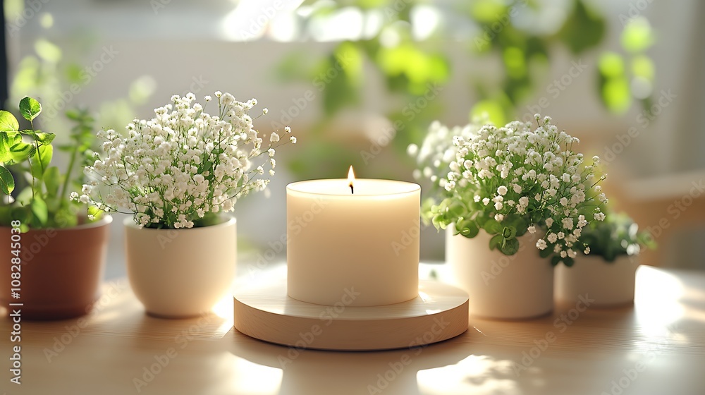 Poster Captivating Candle and Flower Display Illuminated in Gentle Natural Light : Generative AI