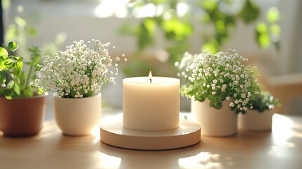 Captivating Candle and Flower Display Illuminated in Gentle Natural Light : Generative AI