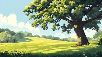 A serene landscape with a large oak tree casting shade over a green meadow under a clear sky in a calm, peaceful setting. Serene. Illustration