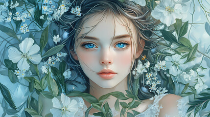A serene portrait of a woman surrounded by delicate flowers and leaves in soft pastel colors her enchanting blue eyes draw attention amidst floral elements. Serene. Illustration