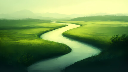 A serene river winding through a green landscape. Serene. Illustration
