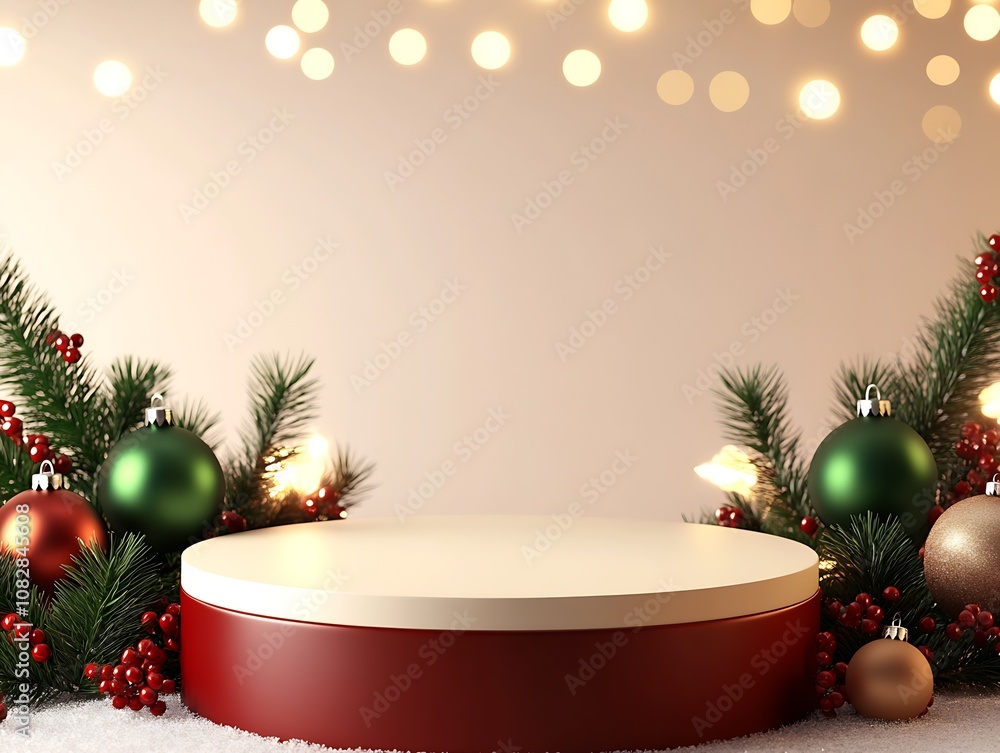Poster festive holiday display platform with christmas ornaments and sparkling lights : generative ai