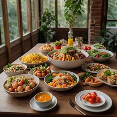 Delicious vegetarian food with seasonal traditional food arrangement