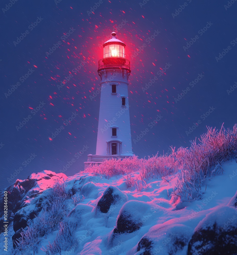 Poster here's a and keyword list suitable for stock photo submission.. luminous lighthouse in snowy landsca