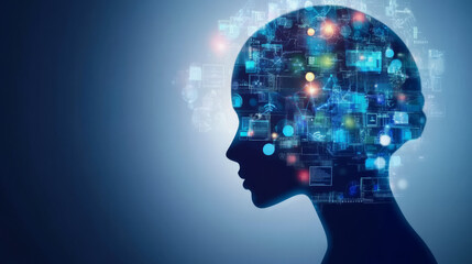silhouette of human head filled with digital data and technology, symbolizing artificial intelligence and innovation. image conveys sense of futuristic thinking and creativity