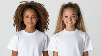 Naklejka premium Two young girls wearing white t-shirts standing next to each other