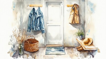 Cozy Entryway Watercolor Painting: A Tranquil Home Entrance
