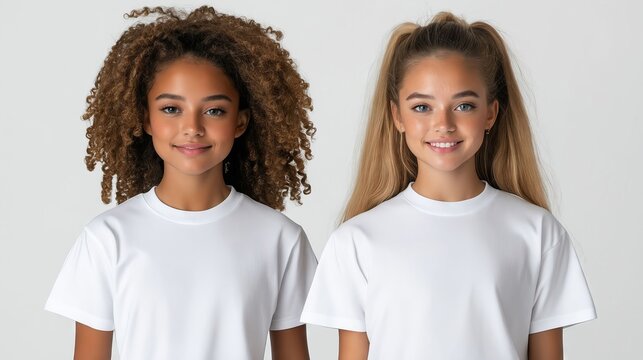 Two young girls wearing white t-shirts standing next to each other