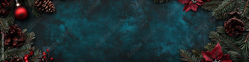 Aufkleber festive christmas background with pine cones and red berries border on dark textured surface : gener