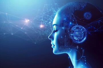 Obraz premium futuristic digital representation of woman head with headphones, symbolizing technology and artificial intelligence. background features abstract data patterns and connections, evoking sense of