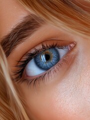Obraz premium A close up of a woman's blue eye with long eyelashes