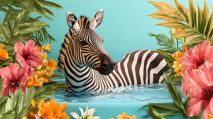 A zebra relaxing in a spa surrounded by exotic flowers, enjoying a serene and luxurious environment. Serene. Illustration