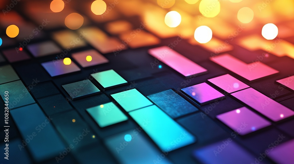 Poster abstract image of colorful squares, illuminated by a warm glow. the squares create a futuristic and 