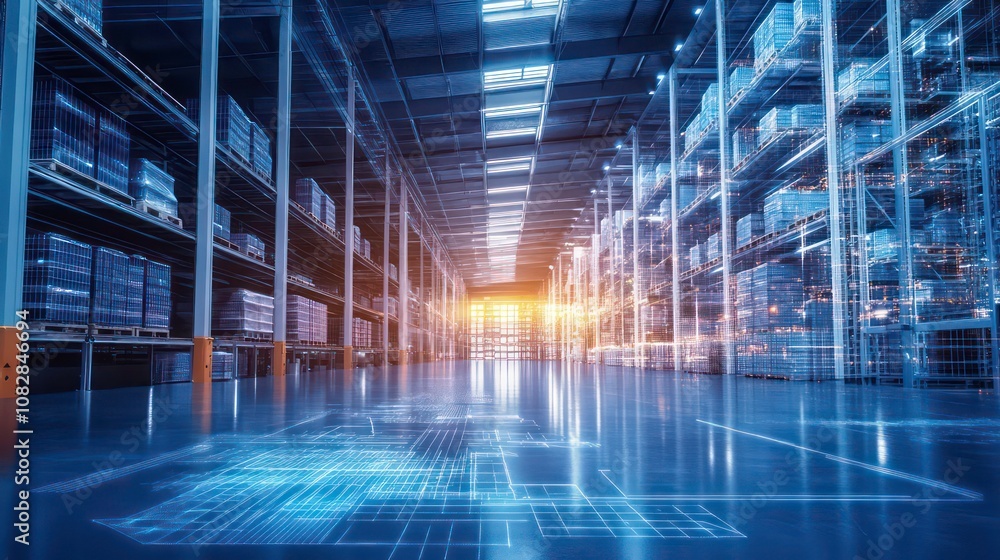 Poster an empty warehouse aisle with shelves stacked with boxes, illuminated by bright overhead lights, wit