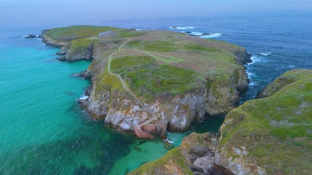 Aerial view from a drone of the coastal area, beaches and sea of ​​the Hermitage of Santa Comba in the parish of Covas. Ferrol. Province of La Coru&ntilde;a. Galicia. Spain. Europe