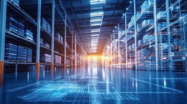 An empty warehouse aisle with shelves stacked with boxes, illuminated by bright overhead lights, with a digital overlay of lines and data. - Powered by Adobe