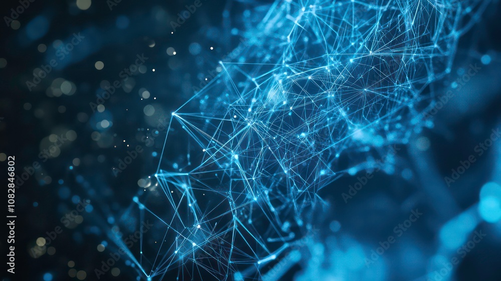 Canvas Prints abstract blue glowing geometric network with particles on a dark background.