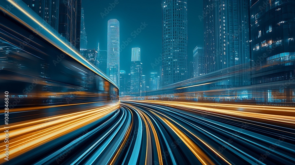Poster rapid light trails illustrating speed in a futuristic metropolis at night : generative ai