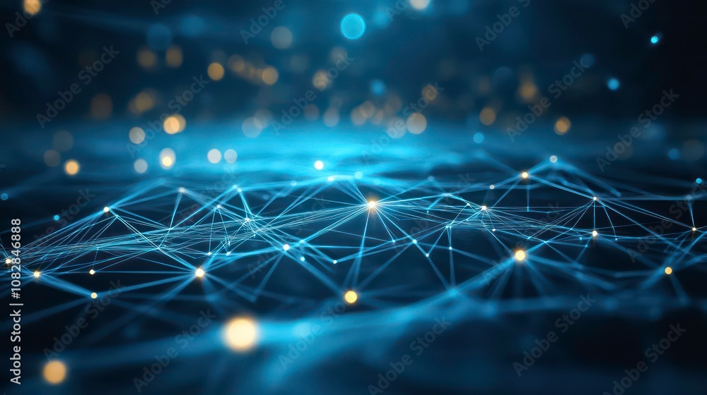 Poster abstract digital network with glowing points and lines on a blue background.