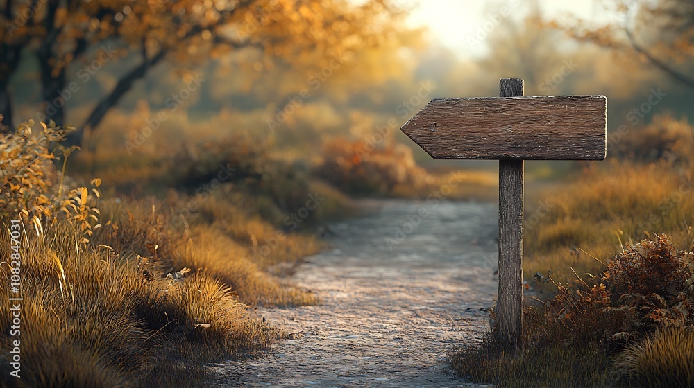 Poster rustic wooden arrow signpost on serene autumn path in vibrant forest landscape : generative ai