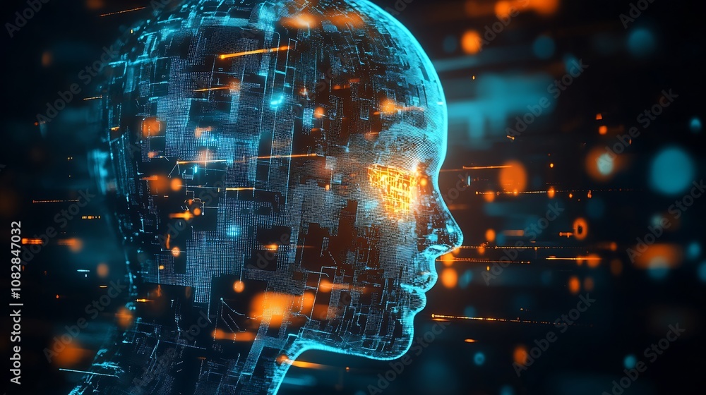 Aufkleber head of cybernetic entity with digital patterns and dynamic light streams : generative ai